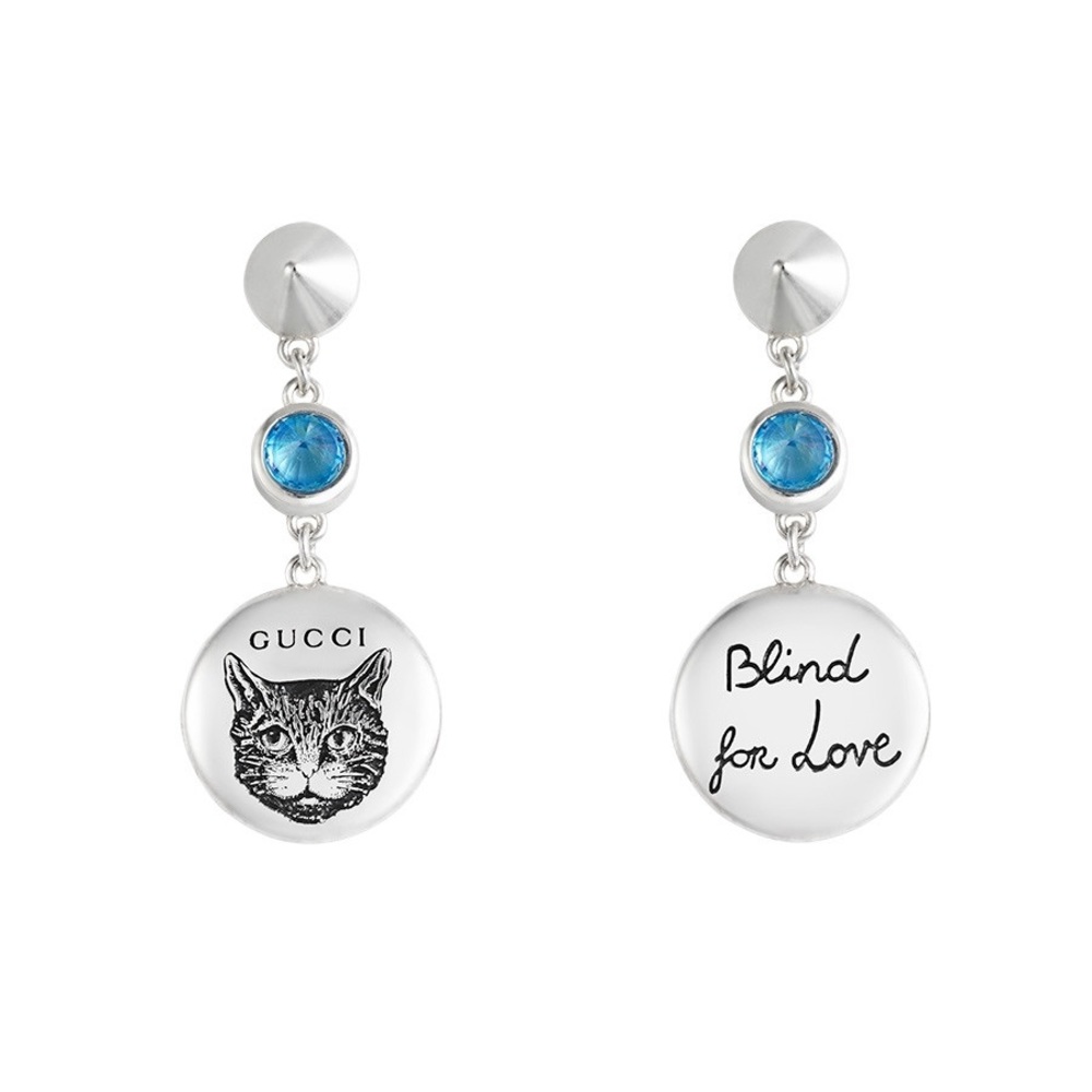 Gucci Blue Crystal Stud Silver Tone Blind for Love earrings with cat